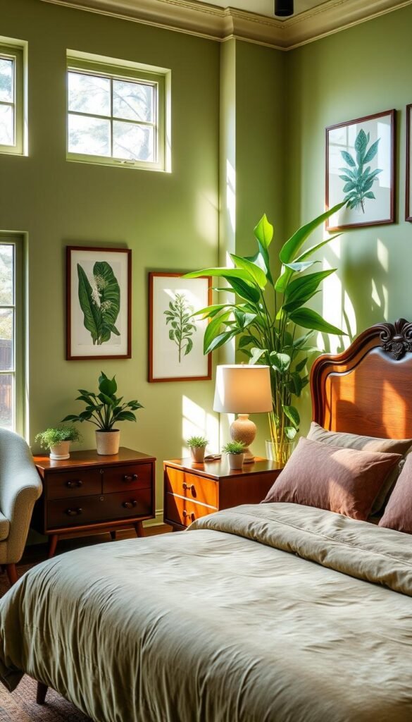 A cozy, well-appointed green bedroom with natural light streaming through large windows. The room features a plush, earthy-toned bed with luxurious bedding and an ornate wooden headboard. Beside the bed, a pair of sleek mid-century modern nightstands with potted plants and table lamps create a warm, inviting atmosphere. In the corner, a comfortable armchair and floor lamp invite relaxation. The walls are adorned with framed botanical prints, and a large, lush green houseplant stands tall in the background, adding to the organic, nature-inspired aesthetic. The overall mood is one of calm, tranquility, and design inspiration.