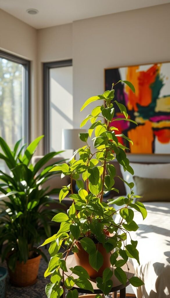 A cozy, well-appointed guest room with lush, verdant plants and vibrant, eye-catching artwork. In the foreground, a tall, flourishing potted plant with broad, glossy leaves cascades over a low side table, casting dappled shadows. Behind it, an abstract painting in bold, complementary hues adorns the wall, its dynamic brushstrokes and vivid colors bringing the space to life. Sunlight streams in through large, airy windows, illuminating the scene with a warm, inviting glow. The room has a serene, harmonious atmosphere, blending natural elements and artistic expression for a truly captivating and hotel-worthy design.