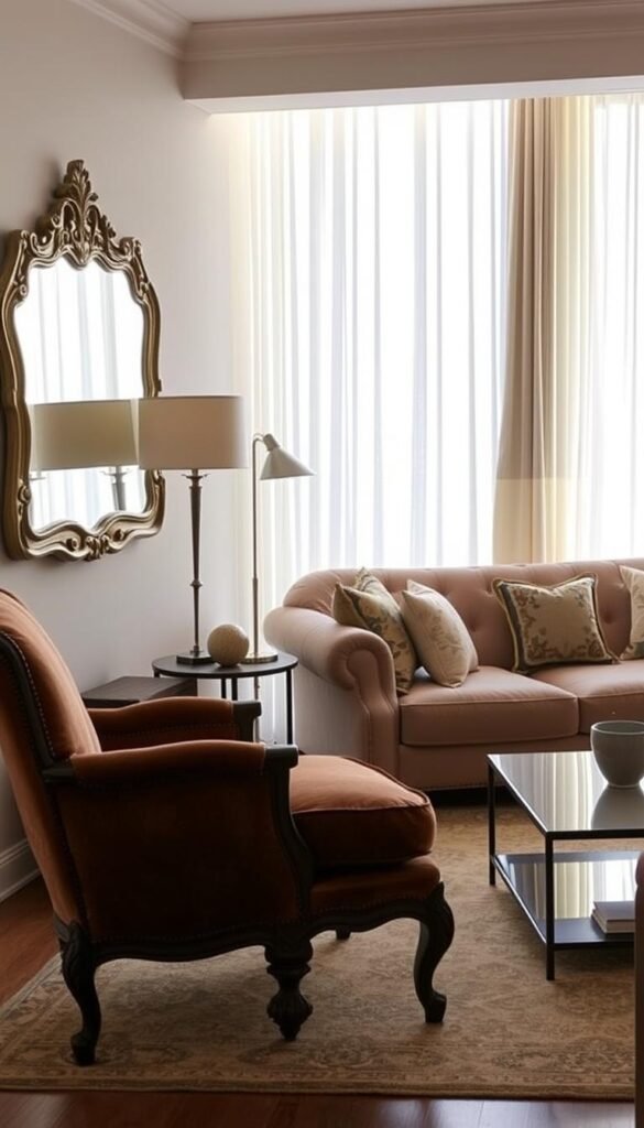 A cozy, well-appointed living room with a mix of vintage and contemporary decor. In the foreground, an ornate Victorian-style armchair upholstered in a rich velvet fabric sits alongside a sleek, modern coffee table with clean lines. On the wall, an antique gilded mirror reflects the soft, warm lighting from a pair of contemporary floor lamps. In the middle ground, a plush, tufted sofa in a neutral tone provides a comfortable seating area, accented by throw pillows in a mix of patterns and textures. The background features a large window with sheer curtains, allowing natural light to flood the space and create a serene, airy atmosphere. The overall ambiance is one of harmonious contrast, blending the elegance of the past with the sophistication of the present.