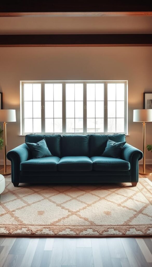 A cozy, well-appointed living room with a statement sofa as the focal point. The sofa is a plush, generously-sized design in a rich, velvety fabric, perhaps in a deep emerald or navy blue hue. The sofa is positioned in the middle ground, flanked by elegant floor lamps and complemented by a large, geometric area rug in natural tones. The background features a neutral-toned wall with a large window allowing soft, natural light to stream in, creating a warm and inviting atmosphere. The scene is captured with a wide-angle lens, emphasizing the room's spaciousness and the sofa's commanding presence. Overall, the image conveys a sense of comfort, relaxation, and refined style.