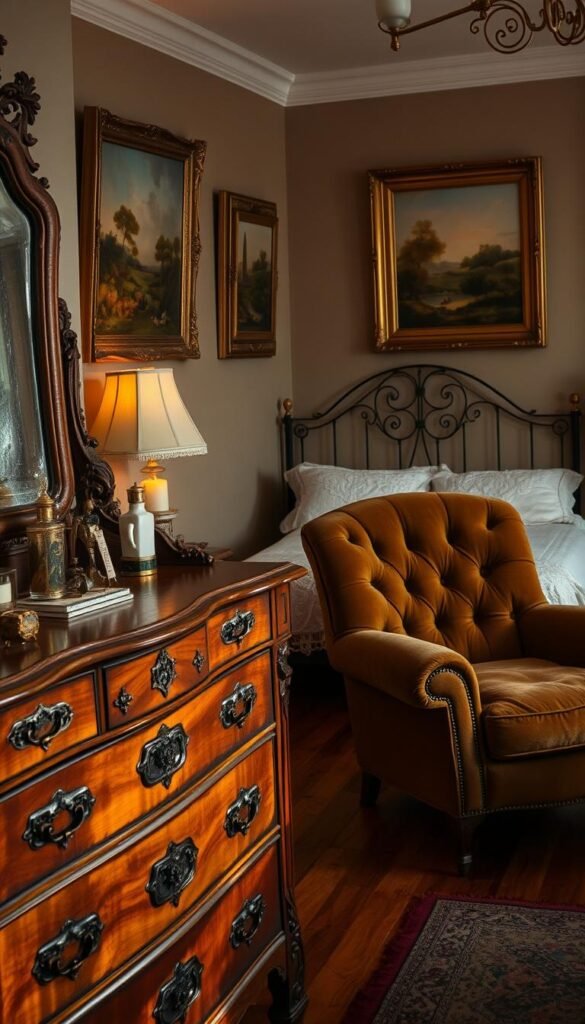 A cozy, well-appointed vintage bedroom, softly illuminated by warm, glowing lighting. In the foreground, an antique wooden dresser with intricate carvings and a worn, weathered patina, adorned with ornate brass hardware. Atop the dresser, a tarnished vanity mirror and a collection of trinkets, perfume bottles, and personal keepsakes. In the middle ground, a plush, tufted armchair upholstered in a rich, earthy velvet fabric, inviting the viewer to sink in and relax. Behind it, an ornate, wrought-iron bed frame with a worn, distressed finish, topped with a delicate, lace-trimmed duvet. The walls are adorned with vintage landscape paintings in gilded frames, casting a warm, nostalgic glow over the scene. The overall atmosphere is one of timeless charm and enduring character.