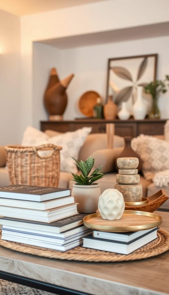 A cozy, well-curated coffee table display in a modern boho living room. Foreground features an assortment of natural elements - woven baskets, stacked books, and a small potted plant. Middle ground showcases a mix of textured decorative objects like ceramic vases, stone coasters, and a brass tray. Warm, diffused lighting casts a soft glow, creating an inviting and cohesive atmosphere. Angle slightly elevated to capture the layered details and convey a sense of curation. Muted color palette with earthy tones and natural textures to blend seamlessly with the surrounding boho-inspired decor.