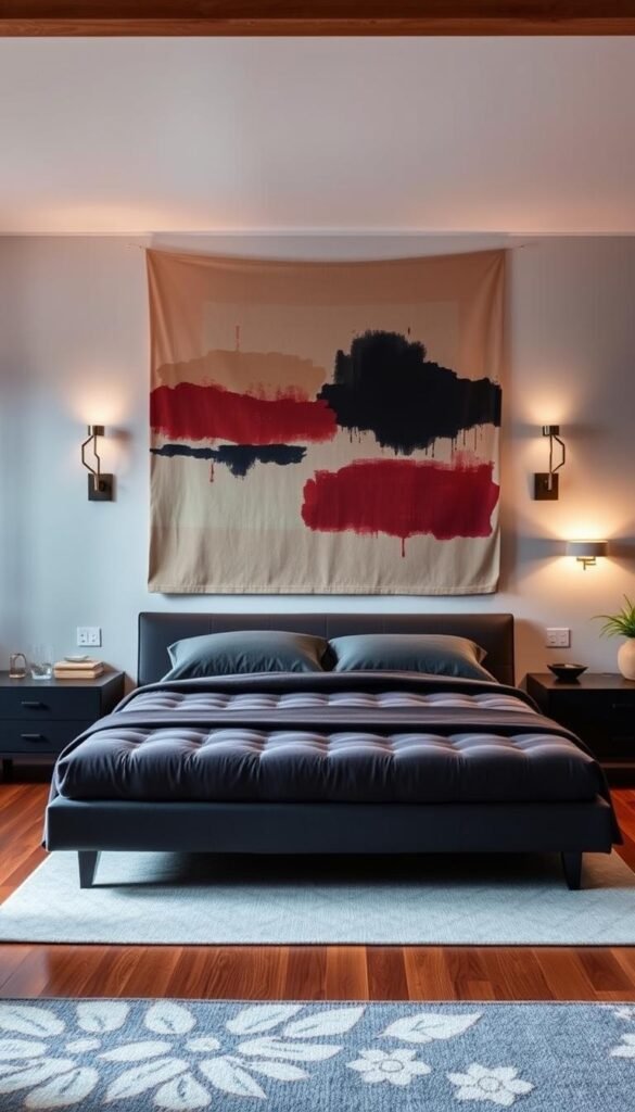 A cozy, well-designed bedroom with a focal point that commands attention. A mid-century modern platform bed with a plush, tufted headboard in a rich, jewel-toned color dominates the foreground, flanked by sleek, minimalist nightstands. Soft, warm lighting from a pair of sculptural wall sconces casts a gentle glow, creating a serene, inviting ambiance. In the background, a large, abstract wall hanging in complementary hues serves as a striking visual anchor, drawing the eye and adding depth to the space. Hardwood floors, a subtly patterned rug, and touches of natural wood and greenery complete the harmonious, cohesive design.