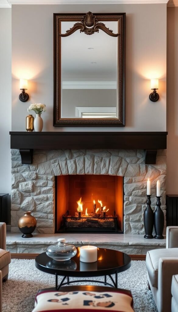 A cozy, well-designed fireplace focal point in a modern classic living room. The fireplace mantel is made of sleek, dark wood, creating a bold contrast against the light-colored walls. Soft, ambient lighting from sconces on either side casts a warm glow, highlighting the intricate textures of the stone surround. A large, ornate mirror hangs above the mantel, reflecting the flickering flames and adding depth to the space. Plush, neutral-toned furniture and decorative elements like vases and candles create a cohesive, elegant atmosphere, drawing the eye towards the striking fireplace centerpiece.