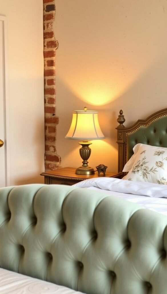 A cozy, well-lit bedroom bathed in a soft, vintage-inspired color palette. The foreground features a plush, tufted headboard in a muted green-gray hue, complemented by crisp white bedding and a delicate floral throw pillow. In the middle ground, an ornate, antique-inspired bedside table with a worn-looking lamp casts a warm, golden glow. The background showcases a textured, eggshell-colored wall, with hints of exposed brick peeking through. Muted earth tones, including mustard yellow, dusty rose, and subtle sage, create a harmonious, timeless atmosphere, evoking a sense of tranquility and nostalgia.