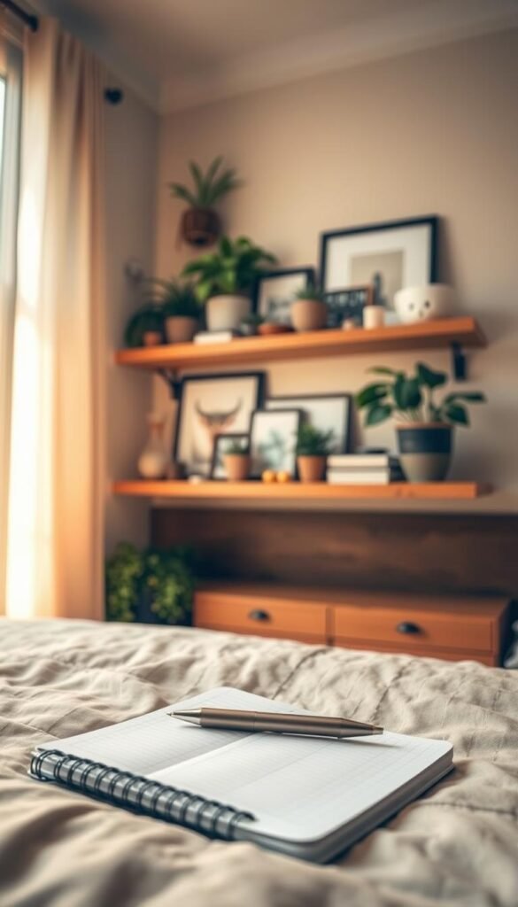 A cozy, well-lit bedroom interior with a beautifully styled wooden wall shelf. The shelf is adorned with a variety of decorative items, including plants, framed artwork, and small trinkets. In the foreground, a notebook and pen rest on the shelf, symbolizing the "Shelf Purpose Planning Questions" concept. The lighting is warm and inviting, creating a calm and reflective atmosphere. The camera angle captures the shelf at an eye-level perspective, allowing the viewer to imagine themselves contemplating the purpose of their own bedroom shelving. The overall scene exudes a sense of intentionality and mindful curation, perfectly fitting the article's theme of "Bedroom Shelf Decor: Balanced, Layered, Beautiful."