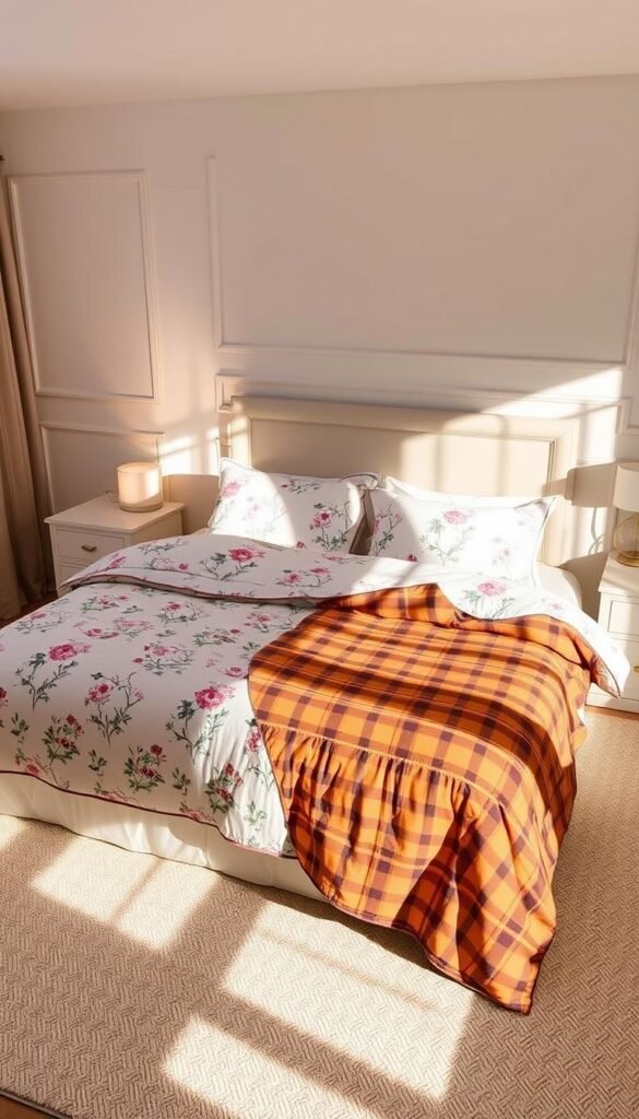 A cozy, well-lit bedroom scene featuring a large, inviting bed adorned with a reversible seasonal quilt set. The quilt set displays a delicate floral pattern on one side, representing spring or summer, and a warm, autumnal plaid design on the reverse, suitable for fall or winter. Soft, diffused lighting from a bedside lamp and natural illumination from a window create a serene, harmonious ambiance. The bed is flanked by minimal, tasteful nightstands, and the overall composition conveys a sense of tranquility, comfort, and the ease of transforming a bedroom's decor with a simple switch of the quilt.