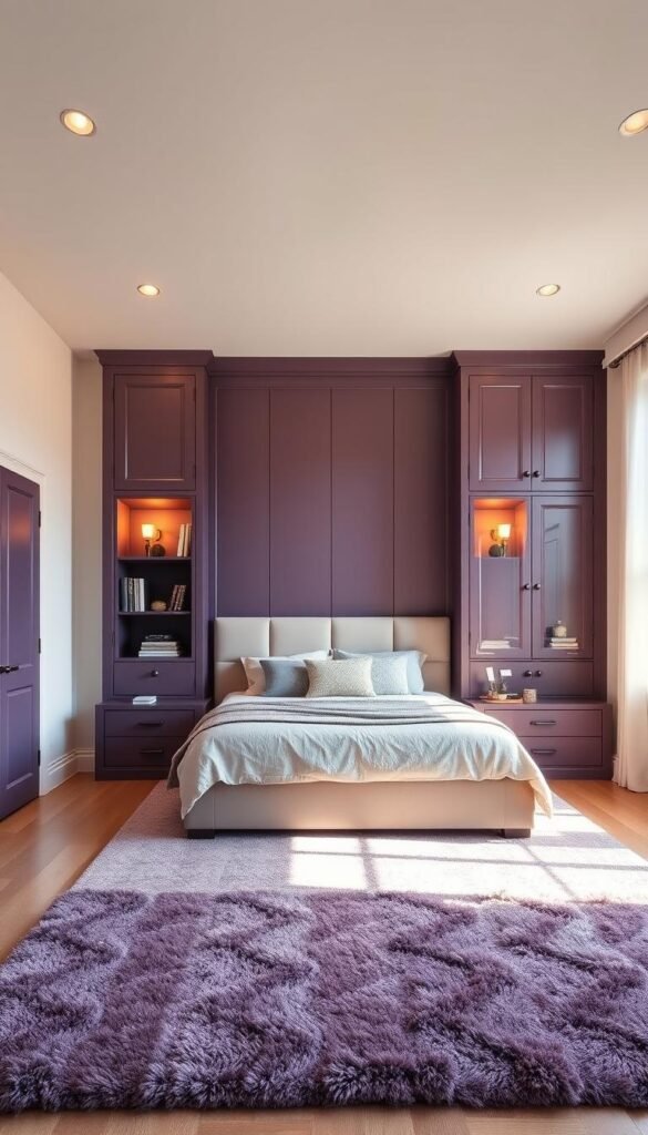A cozy, well-lit bedroom with a large built-in storage unit framing the bed. The storage unit features clean lines and a rich, deep purple finish that complements the soft, neutral-toned bedding. Warm, indirect lighting from sconces and recessed ceiling fixtures create a tranquil atmosphere. The storage unit extends from floor to ceiling, providing ample space for books, décor, and personal items. A plush, textured area rug in a complementary shade of purple anchors the scene, while large windows allow natural light to filter in, adding to the serene, elevated ambiance.