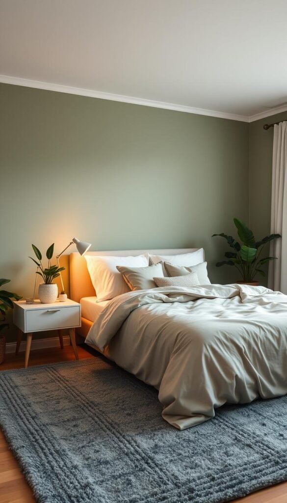 A cozy, well-lit bedroom with a soft, muted color palette. The walls are painted in a soothing sage green, while the bedding features a mix of neutral tones like beige, ivory, and soft grey. A plush, textured area rug in a muted blue-grey hue complements the overall aesthetic. Warm, indirect lighting emanates from a pair of minimalist nightstands, creating a calming ambiance. Lush greenery in the form of potted plants adds a touch of natural serenity to the space. The overall mood is one of tranquility and relaxation, perfect for a restful night's sleep.
