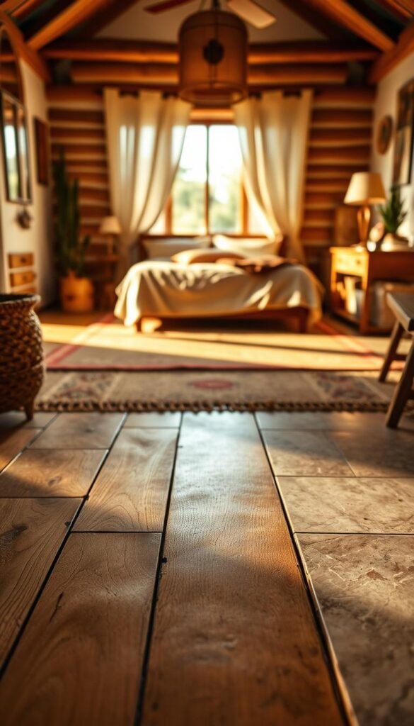 A cozy, well-lit bedroom with a warm, earthy atmosphere. The camera captures the floor in the foreground, showcasing a variety of natural flooring options, such as rustic wood planks, smooth stone tiles, and textured sisal or jute rugs. The lighting casts a soft, golden glow, creating a welcoming and serene ambiance. The middle ground features a glimpse of the bed and other bedroom furnishings, hinting at the overall design aesthetic. The background is subtly blurred, allowing the focus to remain on the range of earthy flooring choices. The image conveys a sense of comfort, simplicity, and a connection to nature, perfectly suited for the "Transforming Your Floors for an Earthy Feel" section.