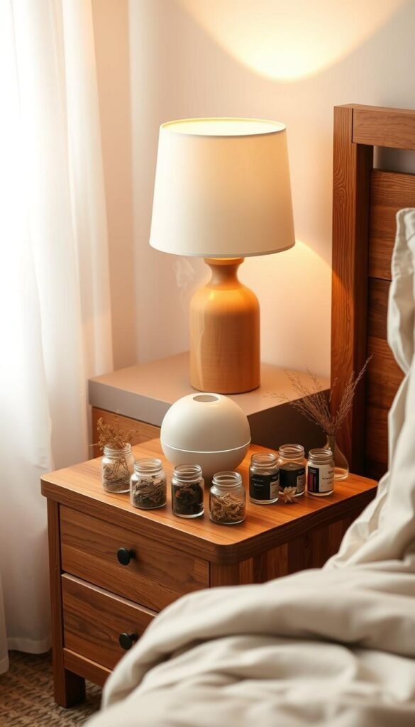 A cozy, well-lit bedroom with a wooden nightstand, upon which sits a minimalist, ceramic aromatherapy diffuser releasing gentle wisps of fragrant steam. Surrounding the diffuser are small glass jars containing various dried herbs, flowers, and essential oils. Soft, golden lighting from a table lamp creates a warm, soothing ambiance, while earthy tones and natural textures, such as a woven area rug and linen bedding, evoke a sense of grounding and tranquility. The overall composition invites the viewer to experience a harmonious blend of sight, smell, and touch, elevating the sensory experience within this serene, nature-inspired sanctuary. A cozy, well-lit bedroom with a wooden nightstand, upon which sits a minimalist, ceramic aromatherapy diffuser releasing gentle wisps of fragrant steam. Surrounding the diffuser are small glass jars containing various dried herbs, flowers, and essential oils. Soft, golden lighting from a table lamp creates a warm, soothing ambiance, while earthy tones and natural textures, such as a woven area rug and linen bedding, evoke a sense of grounding and tranquility. The overall composition invites the viewer to experience a harmonious blend of sight, smell, and touch, elevating the sensory experience within this serene, nature-inspired sanctuary.