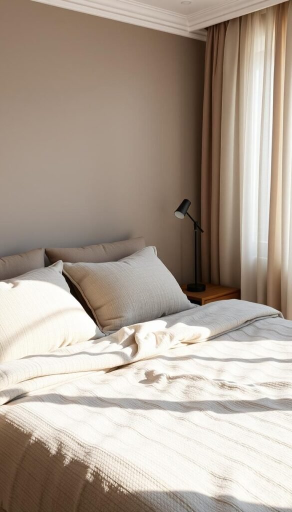 A cozy, well-lit bedroom with soft, muted greige tones creating a calming ambiance. The walls feature a warm, subtle grey hue that seamlessly transitions into a plush, textured greige bedspread and matching throw pillows. Accent pieces, such as a wooden nightstand and a sleek, minimal lamp, add depth and character to the space. Soft, diffused lighting filters through sheer curtains, casting a gentle glow and emphasizing the tranquil, relaxing atmosphere. The overall composition exudes a sense of modern, understated elegance, perfectly capturing the essence of a soothing, neutral-toned bedroom. A cozy, well-lit bedroom with soft, muted greige tones creating a calming ambiance. The walls feature a warm, subtle grey hue that seamlessly transitions into a plush, textured greige bedspread and matching throw pillows. Accent pieces, such as a wooden nightstand and a sleek, minimal lamp, add depth and character to the space. Soft, diffused lighting filters through sheer curtains, casting a gentle glow and emphasizing the tranquil, relaxing atmosphere. The overall composition exudes a sense of modern, understated elegance, perfectly capturing the essence of a soothing, neutral-toned bedroom.