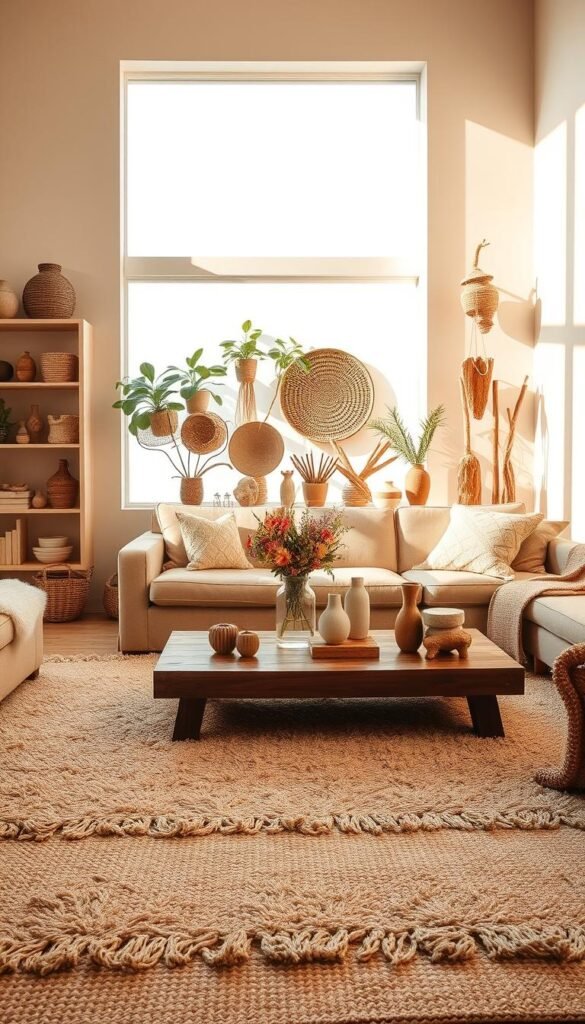 A cozy, well-lit beige living room filled with an array of natural materials. In the foreground, a plush, textured area rug made from natural fibers anchors the space. In the middle ground, a low, wooden coffee table is adorned with a vase of fresh flowers and a stack of earthy ceramic decor pieces. Along the walls, bookshelves display an assortment of potted plants, woven baskets, and driftwood accents, casting soft shadows. The large window fills the room with warm, diffused natural lighting, creating a serene and inviting atmosphere. Overall, the space exudes a sense of organic sophistication and harmonious balance.