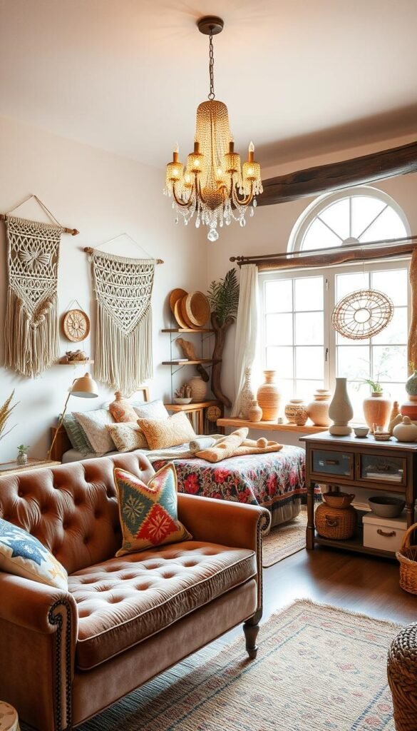 A cozy, well-lit boho-style bedroom with an abundance of whimsical, playful accents. In the foreground, a plush, tufted velvet bench adorned with patterned throw pillows and a woven macrame wall hanging. Hanging from the ceiling, a delicate crystal chandelier casts a warm, ambient glow. In the middle ground, a rattan bedframe is layered with soft, flowing linens and a colorful, patterned quilt. Atop a rustic wooden dresser, an assortment of ceramic vases, woven baskets, and decorative tchotchkes. In the background, a large picture window allows natural light to flood the space, illuminating the earthy, eclectic elements that create an inviting, whimsical atmosphere.