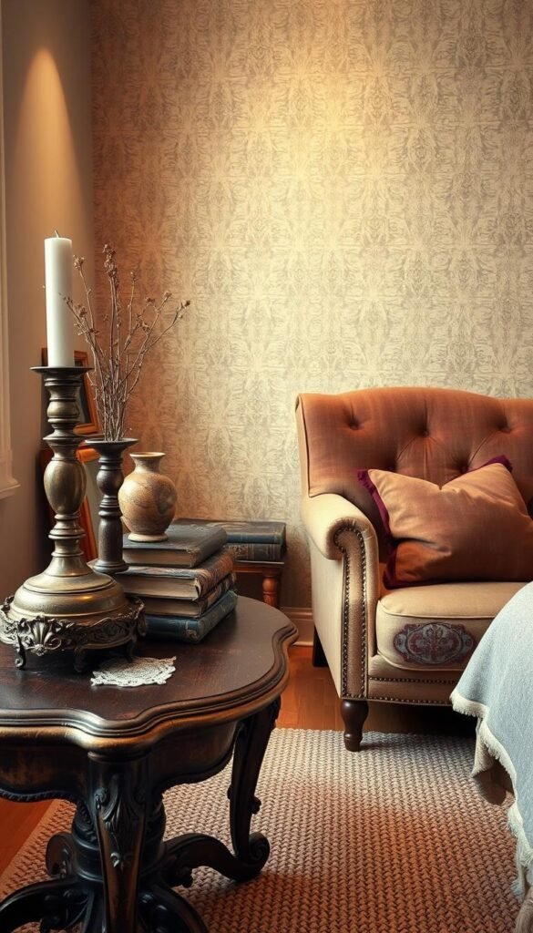 A cozy, well-lit corner of a vintage-inspired bedroom, featuring an assortment of unique and character-filled decor pieces. In the foreground, an ornate, distressed wooden table supports an array of curated items - a tarnished brass candlestick, a ceramic vase with dried floral stems, and a stack of aged leather-bound books. In the middle ground, a weathered armchair upholstered in a plush, earthy fabric invites relaxation, while a woven area rug grounds the scene. The background showcases a feature wall with textured, neutral-toned wallpaper, creating a warm and inviting atmosphere. Subtle, directional lighting casts a soft, golden glow, highlighting the rich tones and textures of the vintage decor.