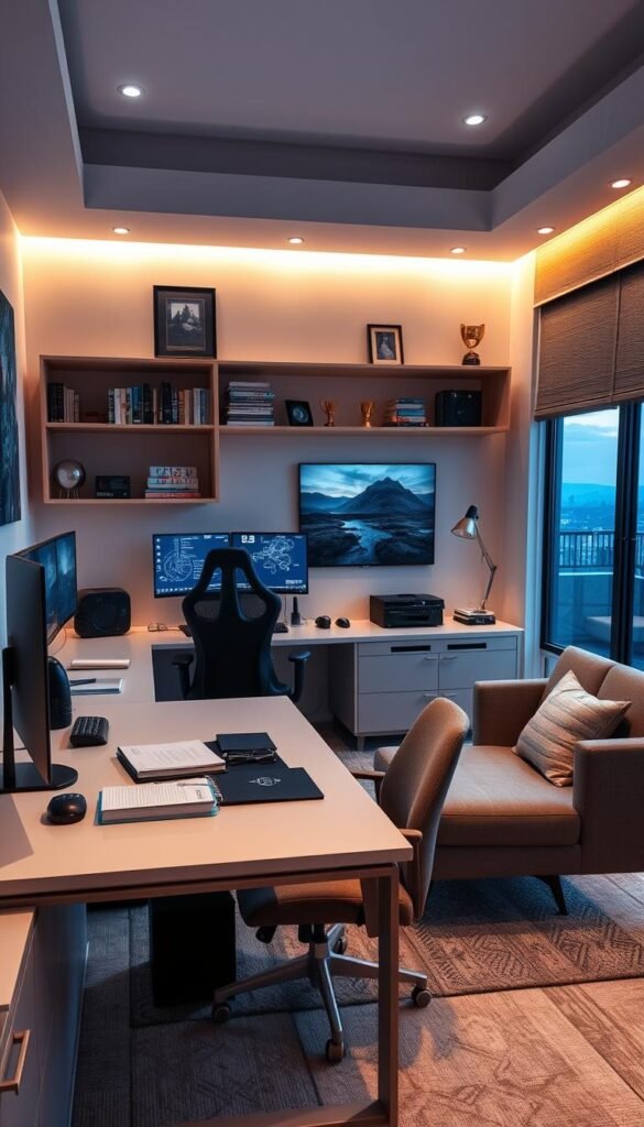 A cozy, well-lit homework and gaming zone in a modern teen boy's bedroom. In the foreground, a sleek, minimalist desk with a powerful gaming setup - a high-end PC, dual monitors, and a comfortable gaming chair. Atop the desk, textbooks, notebooks, and a few personal items create a productive study area. The middle ground features a plush, ergonomic desk chair and a small couch or armchair for casual gaming sessions. Soft, indirect lighting casts a warm glow, creating a focused yet relaxing atmosphere. The background showcases a wall-mounted shelving unit displaying books, trophies, and personal mementos, complemented by tasteful artwork or a large window overlooking a scenic view. The overall space strikes a balance between functionality and personal style, reflecting the unique interests and needs of a modern teenage boy.