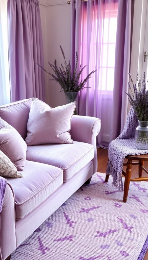 A cozy, well-lit interior featuring a variety of lavender-hued textiles and textures. In the foreground, a plush, velvet lavender sofa with throw pillows in varying shades and patterns. On the middle ground, a handwoven lavender area rug with subtle floral motifs. The background showcases a mix of lavender curtains, a chunky knit lavender blanket draped over a wooden chair, and a lavender-tinted glass vase filled with fresh lavender sprigs. The lighting is soft and warm, casting a calming, feminine glow throughout the space. The overall atmosphere is one of tranquility, comfort, and elegance.