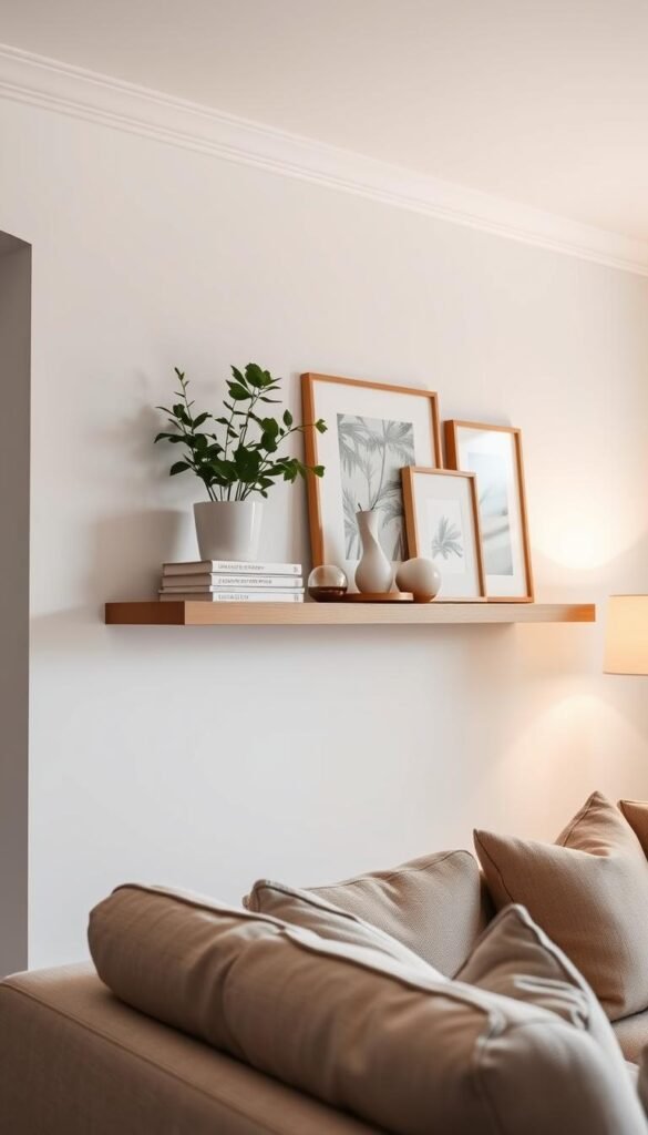 A cozy, well-lit living room featuring a chic, minimalist floating shelf display. The shelf is mounted on the wall, with clean lines and a sleek wooden finish. Arranged across the shelf are carefully curated decor items - a potted plant, a stack of hardcover books, a small sculpture, and an array of framed wall art, all in a harmonious color palette that complements the room's neutral tones. The lighting is soft and diffused, creating a warm, inviting ambiance. The camera angle is positioned to showcase the entire display, capturing its elegant simplicity and the way it elevates the overall aesthetic of the space. A cozy, well-lit living room featuring a chic, minimalist floating shelf display. The shelf is mounted on the wall, with clean lines and a sleek wooden finish. Arranged across the shelf are carefully curated decor items - a potted plant, a stack of hardcover books, a small sculpture, and an array of framed wall art, all in a harmonious color palette that complements the room's neutral tones. The lighting is soft and diffused, creating a warm, inviting ambiance. The camera angle is positioned to showcase the entire display, capturing its elegant simplicity and the way it elevates the overall aesthetic of the space.