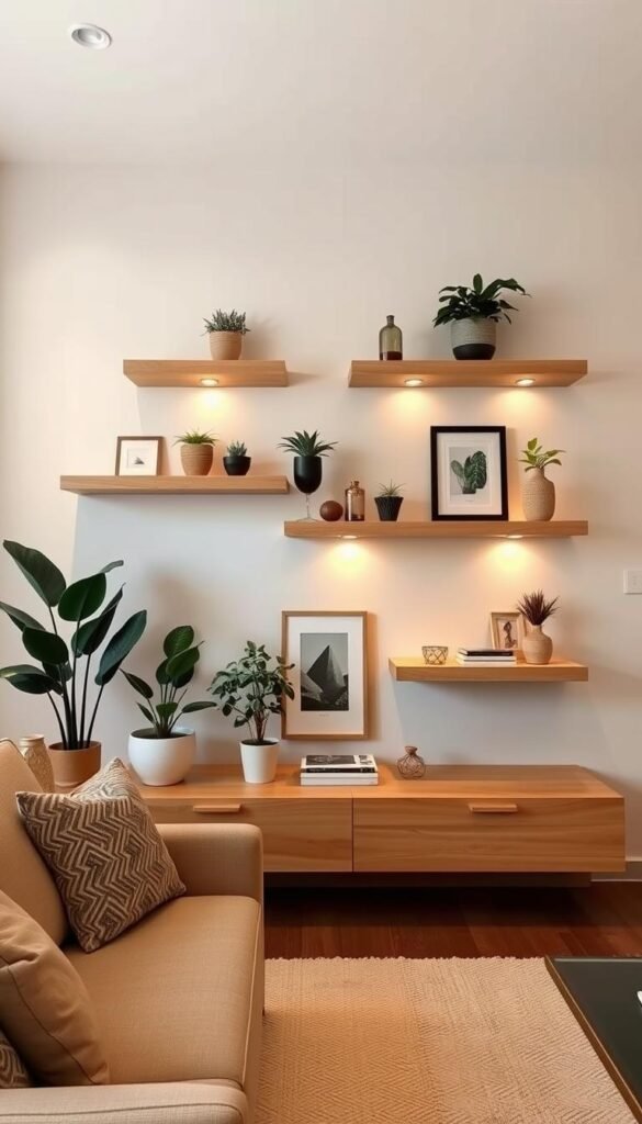 A cozy, well-lit living room with a beautifully curated display of floating shelves. The shelves are made of light, natural wood, mounted seamlessly against a sleek, minimalist white wall. Decorative pieces such as potted plants, framed artwork, and subtle accent lighting adorn the shelves, creating a harmonious and visually appealing arrangement. The lighting casts a soft, warm glow, highlighting the textures and details of the shelves and their contents. The overall atmosphere is one of modern sophistication and elevated, yet comfortable living.