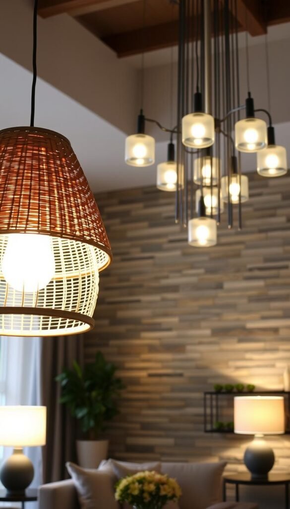 A cozy, well-lit living room with a mix of textured lighting fixtures and finishes. In the foreground, a sleek pendant lamp with an intricate woven bamboo shade casts a warm, ambient glow. On the side tables, spherical lamps with a matte ceramic finish illuminate the space. The middle ground features a modern, minimalist chandelier with slender metal rods and frosted glass shades, creating a soft, diffused light. The background showcases a textured stone or brick wall, adding depth and character to the scene. The overall atmosphere is one of sophisticated, layered lighting that sets a relaxing, inviting mood.