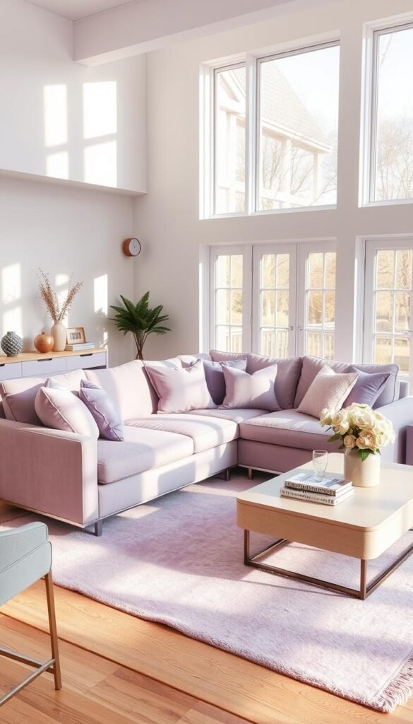 A cozy, well-lit living room with a sumptuous lavender sectional sofa as the focal point. Plush lavender throw pillows and a soft lavender area rug create a cohesive color scheme. Accent pieces in shades of grey, sage green, and soft pink add depth and dimension. Warm, natural light filters in through large windows, casting a serene glow. Sleek, modern furniture and minimalist decor allow the lavender hues to shine. The overall ambiance is one of tranquility and refined elegance, perfect for a serene and feminine living space.