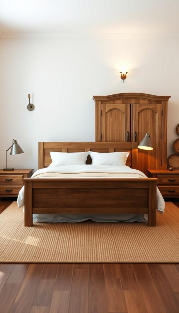 A cozy, well-lit modern farmhouse bedroom with rustic wooden bed frame, crisp white linens, and natural fiber area rug. Vintage-inspired nightstands flank the bed, topped with sleek table lamps. A large, distressed armoire stands in the background, complemented by a charming wooden dresser. Soft, warm lighting from wall sconces casts a gentle glow, creating an inviting and serene atmosphere. The space feels harmonious, blending timeless farmhouse style with contemporary touches. High-quality, detailed render with realistic textures and proportions.