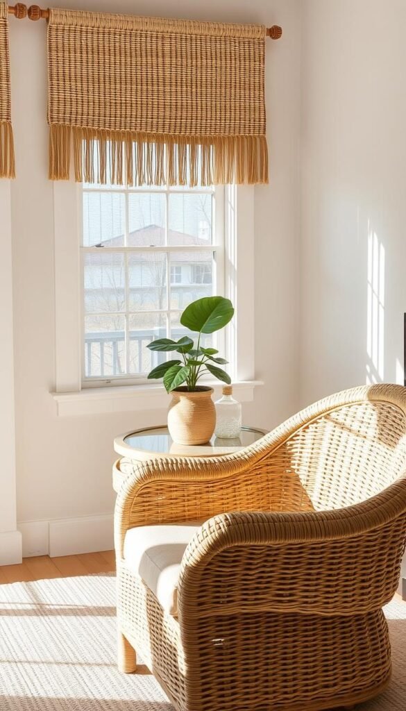 A cozy, well-lit wicker rattan room with a textured fringe design. The foreground features a plush wicker armchair, its intricate woven patterns casting soft shadows. In the middle ground, a matching wicker side table holds a potted plant and decorative vase. The background showcases a fringe-trimmed window treatment, the fringes gently swaying in a light breeze. The overall scene exudes a preppy, relaxed ambiance with a mix of natural textures and neutral tones, perfect for an inviting and organized bedroom design.