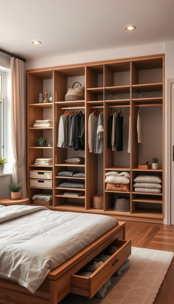 A cozy, well-organized bedroom with a focus on smart, multi-functional storage solutions. In the foreground, a minimalist wooden platform bed with built-in drawers and shelves, creating a seamless and clutter-free look. In the middle ground, a sleek, modular closet system with adjustable shelves, hanging rods, and hidden compartments, maximizing the available space. The background features large windows allowing in warm, natural lighting, illuminating the room's clean, Scandinavian-inspired aesthetic. Carefully selected decorative accents, such as potted plants and textured throw pillows, add a touch of warmth and personality to the space. The overall atmosphere conveys a sense of tranquility, organization, and efficient living.