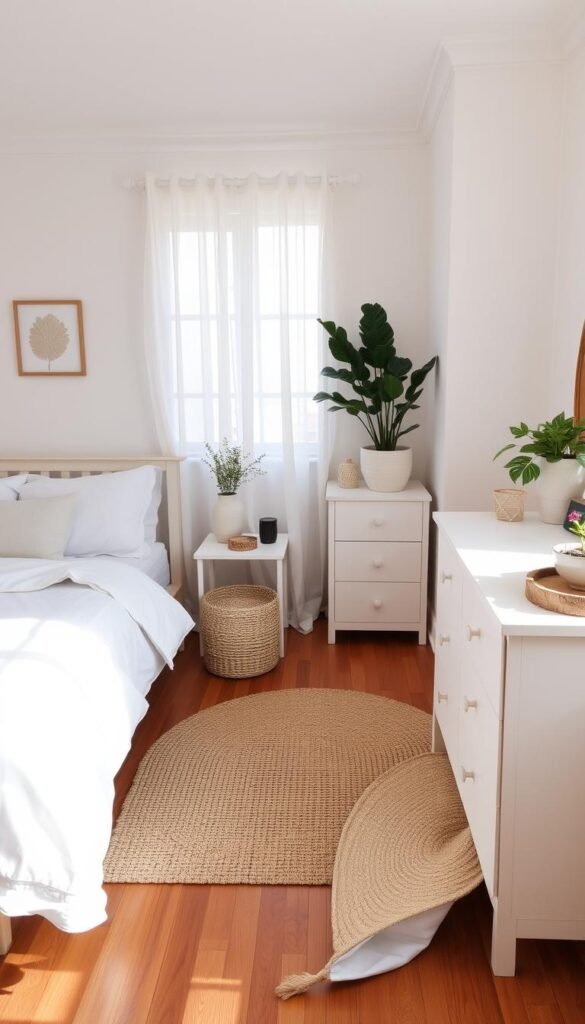 A cozy, well-organized bedroom with crisp white linens, plush pillows, and meticulously arranged decor. Muted natural light filters through sheer curtains, casting a warm, soothing glow. Clutter-free surfaces showcase carefully curated trinkets and plants, creating a serene, minimalist ambiance. The hardwood floors are swept clean, with a soft, natural-fiber area rug anchoring the space. The nightstands and dresser are free of unnecessary items, exuding a sense of intentional simplicity. Subtle textures, such as woven baskets and weathered wood, add depth and character to the room. An overall feeling of harmony, tranquility, and a fresh, inviting atmosphere permeates the scene.
