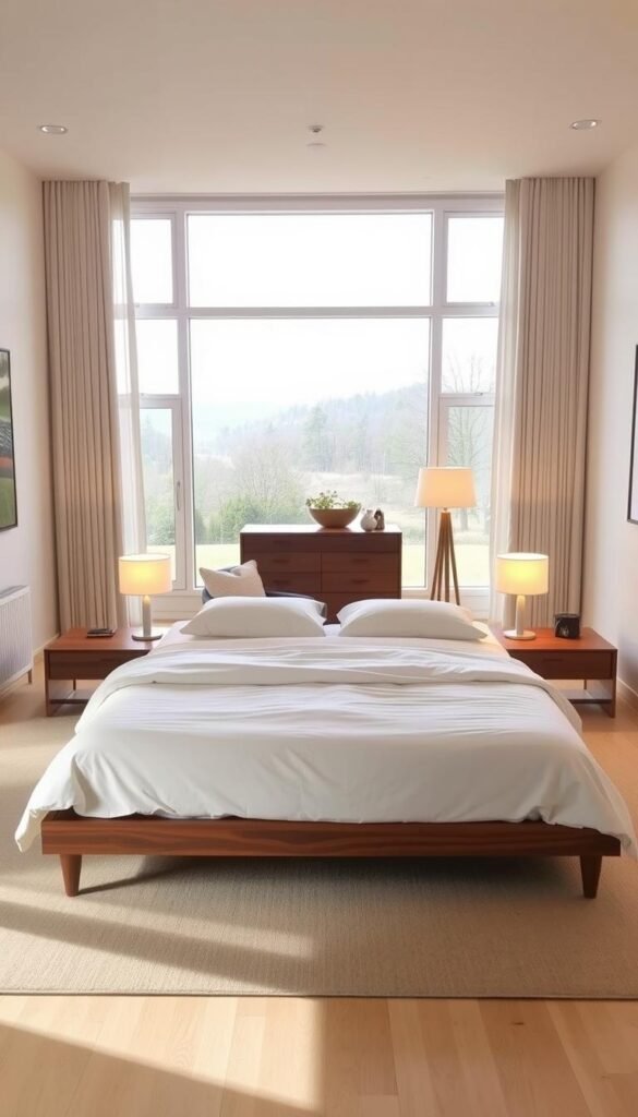 A cozy, well-planned bedroom layout with a neutral color palette and clean, minimalist design. In the foreground, a king-sized bed with crisp white linens and a modern wood frame. Flanking the bed, two sleek nightstands with warm-toned lamps casting a soft, ambient glow. In the middle ground, a mid-century inspired dresser and armchair create a cohesive seating area. The background features large windows overlooking a serene outdoor scene, allowing ample natural light to flow in. The overall atmosphere is calming, inviting, and thoughtfully arranged to maximize the available space and flow.