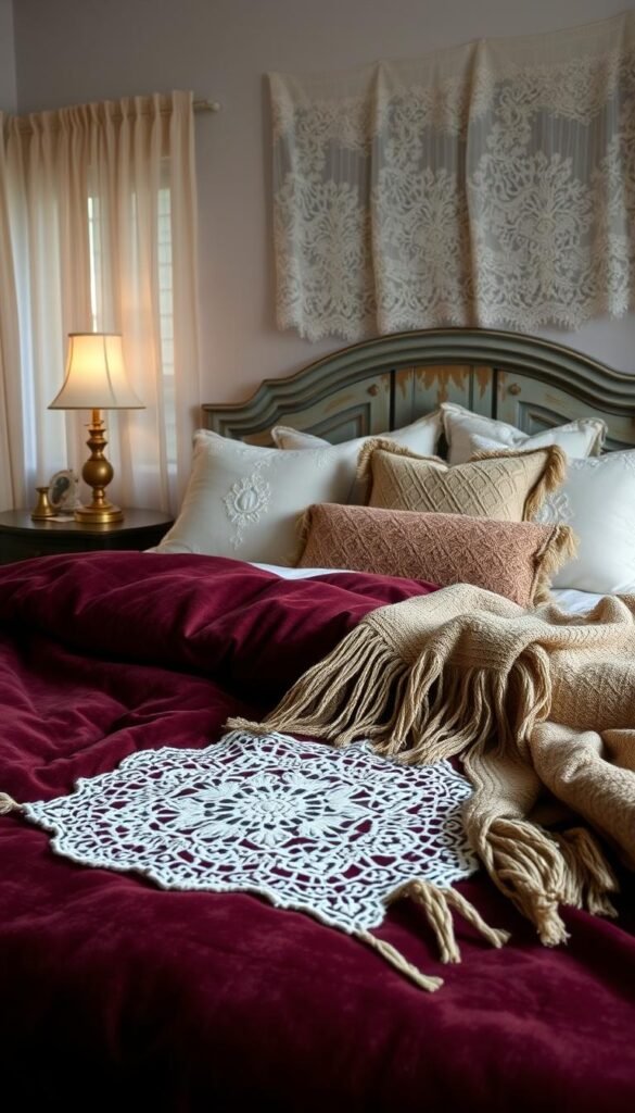 A cozy, well-worn vintage bedroom in soft, muted tones. In the foreground, a layered arrangement of plush, textural fabrics - a velvety quilt in a rich burgundy hue, a delicate lace doily, and a fringed, tapestry-like throw in earthy shades. The middle ground features a weathered wooden headboard adorned with a collection of antique lace pillows and a tasseled bolster in a complementary neutral palette. Soft, diffused lighting from a brass table lamp casts a warm, golden glow, evoking a sense of timeless elegance and comfort. In the background, a pair of sheer, lace-trimmed curtains gently billow, hinting at the tranquil, timeless ambiance of this cozy vintage-inspired scene.