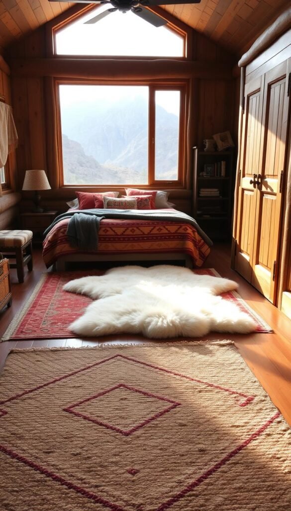 A cozy western-inspired bedroom with layered area rugs in earthy tones. In the foreground, a plush, hand-woven rug in a subtle diamond pattern sets the foundation. Above it, a vintage-inspired kilim rug in muted shades of red, orange, and beige adds visual interest and texture. In the middle ground, a thick, shaggy sheepskin rug in creamy white softens the hardwood floor, creating a luxurious, inviting atmosphere. The overall lighting is warm and natural, filtering in through large windows that offer a view of the rugged, mountainous landscape beyond. The mood is one of rustic elegance, blending old-world charm with modern sensibilities. A cozy western-inspired bedroom with layered area rugs in earthy tones. In the foreground, a plush, hand-woven rug in a subtle diamond pattern sets the foundation. Above it, a vintage-inspired kilim rug in muted shades of red, orange, and beige adds visual interest and texture. In the middle ground, a thick, shaggy sheepskin rug in creamy white softens the hardwood floor, creating a luxurious, inviting atmosphere. The overall lighting is warm and natural, filtering in through large windows that offer a view of the rugged, mountainous landscape beyond. The mood is one of rustic elegance, blending old-world charm with modern sensibilities.