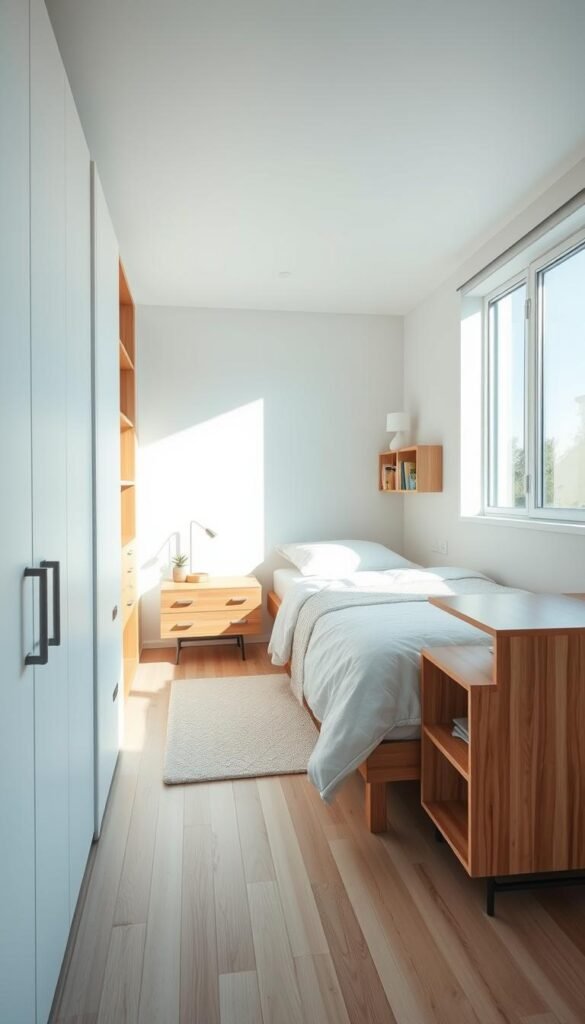 A cozy, white bedroom with minimalist, space-saving design. A small but well-organized room, flooded with soft natural light from a large window, showcasing clean lines and efficient storage solutions. A floating nightstand, a compact dresser, and a modular shelving unit maximize the available space. Warm wood accents and plush bedding create a serene, calming atmosphere. The room feels airy and inviting, demonstrating how strategic use of white can visually expand a compact sleeping area.