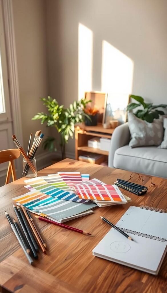 A cozy workspace with a wooden table, on which various color swatches and paint samples are neatly arranged. Soft natural light filters through a nearby window, casting a warm glow on the scene. In the background, a muted pastel-colored wall provides a soothing backdrop. Carefully curated paint brushes, color pencils, and a sketchpad hint at the creative process of selecting a personalized color palette. The overall atmosphere is one of contemplation and artistic inspiration, inviting the viewer to envision their own unique color scheme for a vibrant, modern living room.
