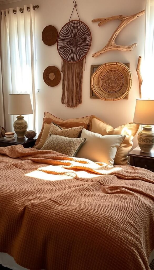 A cozy yet inviting bedroom scene, bathed in soft, natural lighting streaming through sheer curtains. In the foreground, a plush, textured duvet cover in earthy tones adorns the bed, complemented by an array of throw pillows in complementary fabrics and patterns. On the nightstands, a pair of ceramic lamps with intricate, handcrafted designs cast a warm glow. Decorative baskets, woven wall hangings, and driftwood accents add layers of natural texture and organic elements, creating a serene and harmonious atmosphere. The overall effect is one of relaxation and a connection to the natural world, perfectly embodying the "Accessorizing with Textures and Natural Decor" theme. A cozy yet inviting bedroom scene, bathed in soft, natural lighting streaming through sheer curtains. In the foreground, a plush, textured duvet cover in earthy tones adorns the bed, complemented by an array of throw pillows in complementary fabrics and patterns. On the nightstands, a pair of ceramic lamps with intricate, handcrafted designs cast a warm glow. Decorative baskets, woven wall hangings, and driftwood accents add layers of natural texture and organic elements, creating a serene and harmonious atmosphere. The overall effect is one of relaxation and a connection to the natural world, perfectly embodying the "Accessorizing with Textures and Natural Decor" theme.