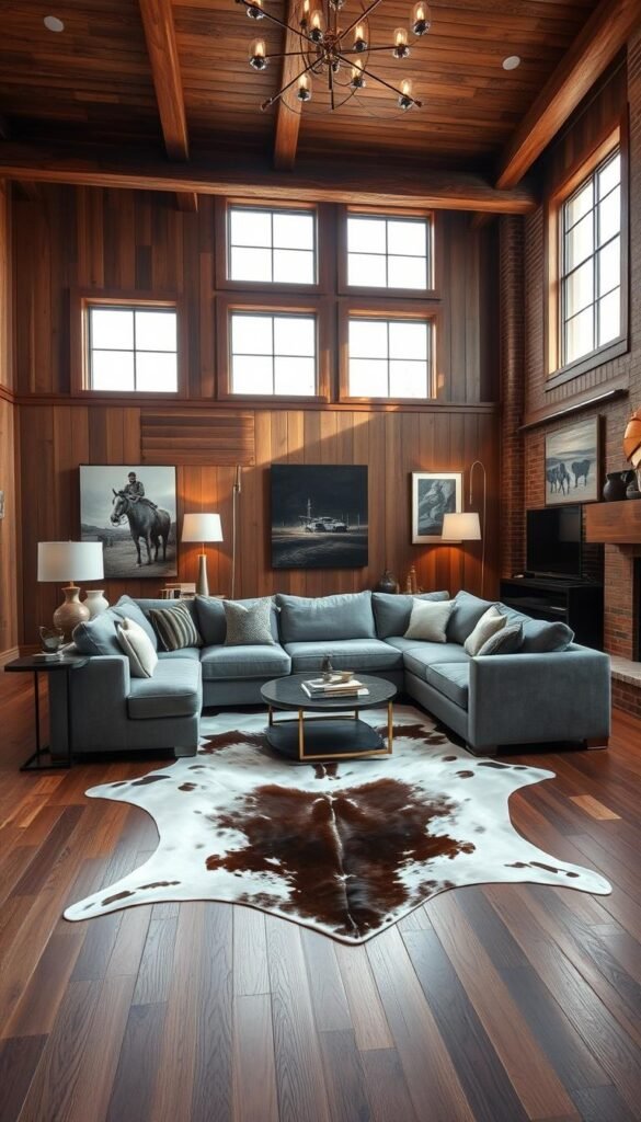 A cozy yet sophisticated modern Western living room with rustic wood paneling, a large gray sectional sofa, and a plush cowhide rug covering the hardwood floor. Soft ambient lighting filters through large windows, casting a warm glow over the space. Wooden ceiling beams and exposed brick accents add depth and texture. Tasteful modern art pieces and sleek metallic accents complement the natural, earthy tones. The room has an inviting, laid-back atmosphere that blends ranch-inspired elements with contemporary design. A cozy yet sophisticated modern Western living room with rustic wood paneling, a large gray sectional sofa, and a plush cowhide rug covering the hardwood floor. Soft ambient lighting filters through large windows, casting a warm glow over the space. Wooden ceiling beams and exposed brick accents add depth and texture. Tasteful modern art pieces and sleek metallic accents complement the natural, earthy tones. The room has an inviting, laid-back atmosphere that blends ranch-inspired elements with contemporary design.