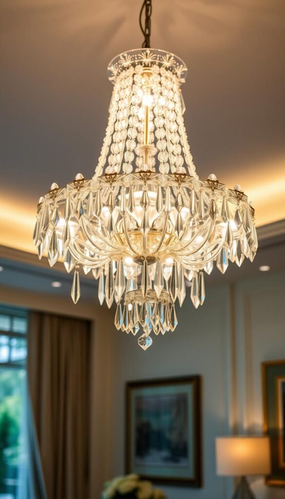 A crystal and glass chandelier, suspended from the ceiling, casting a soft, warm glow throughout the luxurious living room. The chandelier's intricate design features delicate, faceted crystal prisms that refract the light, creating a mesmerizing display of dancing shadows and shimmering reflections. The glass elements, ranging from clear to subtly tinted, are expertly crafted, their smooth surfaces gleaming under the gentle illumination. The overall composition radiates an air of sophisticated elegance, seamlessly blending the timeless beauty of natural materials with the modern, high-end aesthetic of the living space. A crystal and glass chandelier, suspended from the ceiling, casting a soft, warm glow throughout the luxurious living room. The chandelier's intricate design features delicate, faceted crystal prisms that refract the light, creating a mesmerizing display of dancing shadows and shimmering reflections. The glass elements, ranging from clear to subtly tinted, are expertly crafted, their smooth surfaces gleaming under the gentle illumination. The overall composition radiates an air of sophisticated elegance, seamlessly blending the timeless beauty of natural materials with the modern, high-end aesthetic of the living space.