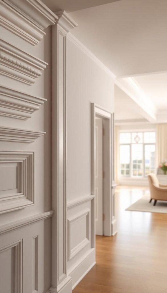 A detailed and meticulously crafted image showcasing a range of functional and decorative molding applications in a modern luxury interior. The foreground features a variety of molding profiles - crown, base, chair rail, and picture frame moldings - in an elegant neutral palette, seamlessly integrated into the architectural design. The middle ground presents a minimalist wall with crisp shadows and highlights, emphasizing the depth and texture of the moldings. In the background, a softly lit, spacious room with high ceilings and large windows creates a sense of grandeur and refinement. Captured with a wide-angle lens, the image conveys a harmonious balance of form and function, perfectly embodying the "Modern Luxury Wall Molding Ideas That Add Architectural Charm" theme.