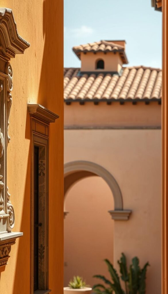 A detailed view of Mediterranean architectural elements, capturing the essence of timeless Mediterranean design. In the foreground, intricate stone carvings and ornate window frames stand out against a warm, sun-dappled stucco wall. The middle ground features a graceful archway, its subtle curves and weathered texture evoking a sense of history. In the background, a terracotta tile roof casts soft shadows, creating a picturesque Mediterranean roofscape. Warm, golden lighting filters through, illuminating the scene with a gentle, inviting glow. Captured with a wide-angle lens to showcase the architectural grandeur, this image conveys the timeless beauty and charm of the Mediterranean aesthetic. A detailed view of Mediterranean architectural elements, capturing the essence of timeless Mediterranean design. In the foreground, intricate stone carvings and ornate window frames stand out against a warm, sun-dappled stucco wall. The middle ground features a graceful archway, its subtle curves and weathered texture evoking a sense of history. In the background, a terracotta tile roof casts soft shadows, creating a picturesque Mediterranean roofscape. Warm, golden lighting filters through, illuminating the scene with a gentle, inviting glow. Captured with a wide-angle lens to showcase the architectural grandeur, this image conveys the timeless beauty and charm of the Mediterranean aesthetic.