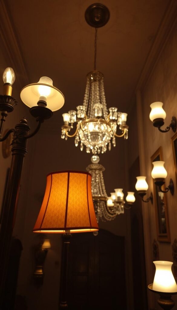 A dimly lit antique room, adorned with a collection of vintage lighting fixtures casting a warm, ambient glow. In the foreground, an ornate floor lamp with a tarnished brass base and a delicate, fabric-covered shade. Beside it, a pair of sconces with intricate metalwork and exposed bulbs, their soft light flickering against the aged walls. In the middle ground, a grand chandelier hangs from the high ceiling, its cascading crystals refracting the light, creating a mesmerizing display. Decorative wall sconces with milk glass shades line the perimeter, adding to the cozy, nostalgic atmosphere. The overall scene evokes a sense of timeless elegance and a longing for the charm of a bygone era.