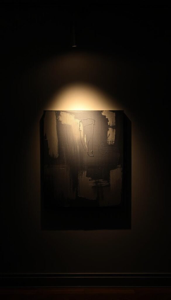 A dimly lit art gallery with a single spotlight illuminating a modern abstract canvas on the wall. The light casts dramatic shadows and highlights the textured brushstrokes, creating a moody, contemplative atmosphere. The background is softly blurred, allowing the artwork to take center stage. The lighting is precisely angled to draw the viewer's eye towards the piece, creating a sense of intentionality and purpose. The gallery walls are a neutral, muted tone, allowing the artwork and its lighting to be the focal point. The overall scene conveys a sense of elegance and sophistication, perfectly suited for a luxurious living room setting. A dimly lit art gallery with a single spotlight illuminating a modern abstract canvas on the wall. The light casts dramatic shadows and highlights the textured brushstrokes, creating a moody, contemplative atmosphere. The background is softly blurred, allowing the artwork to take center stage. The lighting is precisely angled to draw the viewer's eye towards the piece, creating a sense of intentionality and purpose. The gallery walls are a neutral, muted tone, allowing the artwork and its lighting to be the focal point. The overall scene conveys a sense of elegance and sophistication, perfectly suited for a luxurious living room setting.