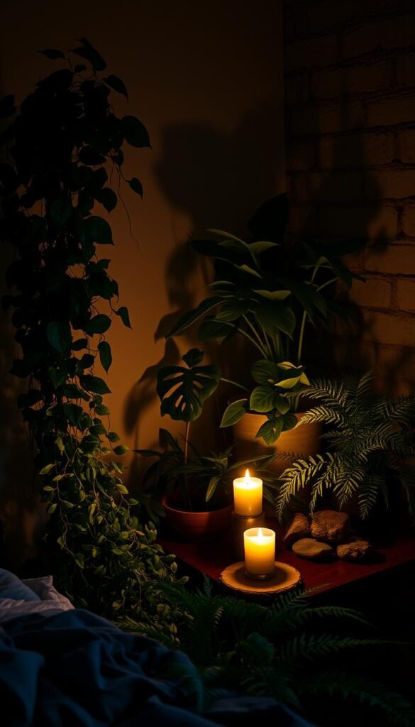A dimly lit bedroom corner, bathed in a soft, warm glow. In the foreground, a lush assortment of low-light houseplants - trailing vines, broad-leaved philodendrons, and delicate ferns - arranged in an artful, organic display. Midground, a wooden console or side table, topped with natural elements like river stones, driftwood, and a flickering candle. In the background, a textured wall, perhaps weathered brick or plaster, adding depth and character to the scene. The overall mood is earthy, moody, and inviting - a cozy, natural oasis perfect for dreamy, restful nights.
