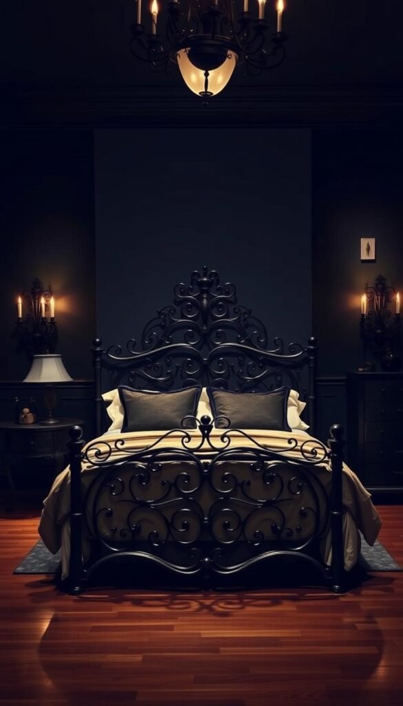 A dimly lit bedroom interior, illuminated by the soft glow of wrought iron candelabras and sconces. Intricate wrought iron headboard and footboard frames the elegant Victorian-style bed, adorned with luxurious bedding. Matching wrought iron side tables and a dresser stand as architectural centerpieces, their scrolling designs casting dramatic shadows. The moody, atmospheric lighting creates a sense of timeless elegance, while the wrought iron elements add a touch of gothic sophistication to the space. Hardwood floors and dark, rich wall colors complete the modern Victorian ambiance.
