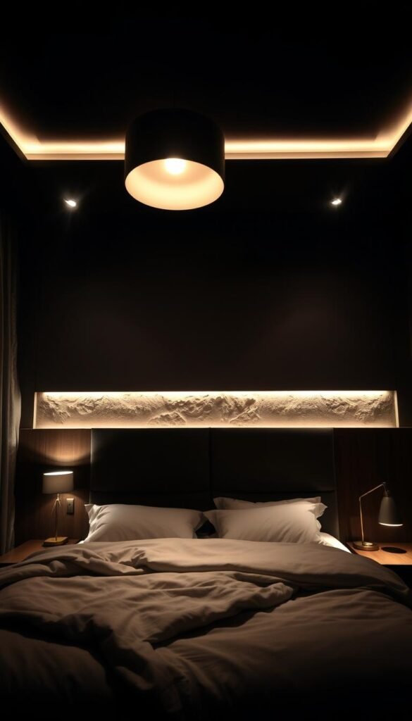 A dimly lit bedroom with a moody, atmospheric ambiance. In the foreground, a modern bedframe with soft, layered bedding casts gentle shadows. Overhead, a statement pendant light fixture emits a warm, diffused glow, creating pockets of light and shadow. Recessed ceiling lights along the perimeter provide additional illumination, subtly accentuating the textural elements - the rough, earthy tones of the walls, the natural wood accents, and the plush, tactile fabrics. Strategically placed table lamps on nightstands contribute to the layered lighting, casting a soft, intimate glow. The overall effect is a cozy, inviting space that feels both grounded and elevated.