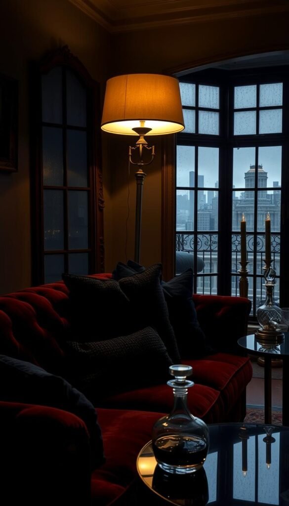 A dimly lit living room, the atmosphere thick with moody ambiance. In the foreground, a plush velvet sofa in a rich burgundy hue, adorned with a scattering of luxurious textured pillows in shades of charcoal and midnight blue. A vintage brass floor lamp casts a warm, golden glow, illuminating a large, ornate mirror that reflects the scene. On the side table, a cluster of tarnished silver candlesticks and a crystal decanter holding a dark liquor. In the background, a large bay window frames an outside view of a rainy cityscape, the soft patter of raindrops adding to the contemplative mood. The overall effect is one of refined elegance and dramatic, sophisticated style.