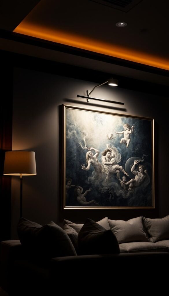 A dimly lit, luxurious living room with a large wall displaying exquisite artwork. The artwork is illuminated by a sleek, minimalist picture light fixture mounted above, casting a warm, dramatic glow. The light is carefully angled to highlight the intricate details and textures of the painting, creating a museum-quality ambiance. The room is adorned with plush, high-end furnishings, and the overall atmosphere exudes a sense of refined sophistication and exclusivity.