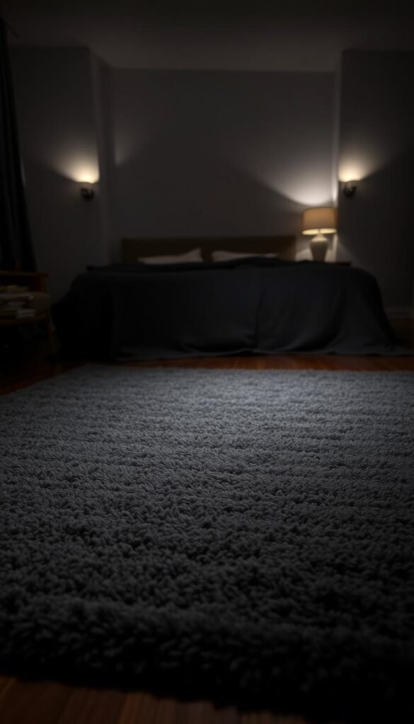 A dimly lit modern bedroom, the focus on a plush, textured dark gray area rug that covers the hardwood floor. The rug's thick pile and subtle pattern create a cozy, grounding effect. Surrounding the rug, the wood flooring is a deep, rich brown, lending a sense of warmth and depth to the space. Soft, indirect lighting from sconces and a distant table lamp cast a gentle glow, creating an intimate, calming atmosphere. The overall scene evokes a sense of tranquility and sophistication, setting the stage for a serene and stylish sleeping area. A dimly lit modern bedroom, the focus on a plush, textured dark gray area rug that covers the hardwood floor. The rug's thick pile and subtle pattern create a cozy, grounding effect. Surrounding the rug, the wood flooring is a deep, rich brown, lending a sense of warmth and depth to the space. Soft, indirect lighting from sconces and a distant table lamp cast a gentle glow, creating an intimate, calming atmosphere. The overall scene evokes a sense of tranquility and sophistication, setting the stage for a serene and stylish sleeping area.