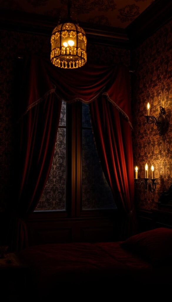 A dimly lit, opulent Victorian bedroom with ornate, patterned wallpaper in deep, rich hues. Lush, velvet curtains frame the window, casting dramatic shadows on the intricate floral motifs. The walls are adorned with intricate damask patterns in shades of burgundy, gold, and emerald green. Antique sconces flicker, casting a warm, moody glow and accentuating the gothic, romantic atmosphere. A sense of grandeur and elegance pervades the scene, creating a captivating, immersive visual experience.