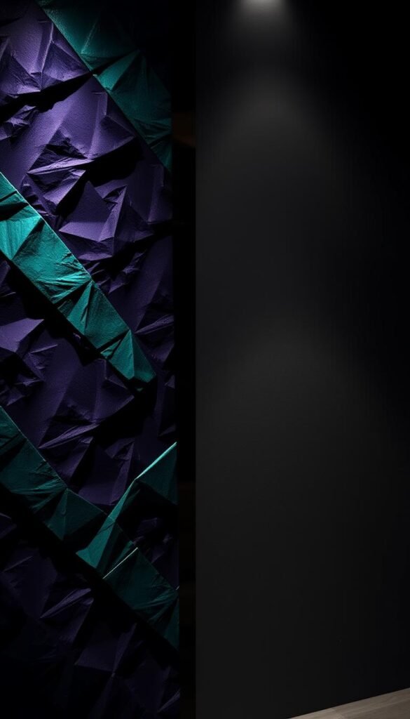 A dramatic accent wall design featuring bold, textured geometric patterns in rich, jewel-toned colors. The foreground showcases a striking, asymmetrical arrangement of angular shapes in deep emerald, amethyst, and sapphire hues, casting dramatic shadows across the wall. The middle ground features a subtle gradient of lighter, more ethereal tones, creating depth and dimension. The background is a moody, shadowy void, highlighting the bold, dynamic design. Dramatic, contrasty lighting from multiple angles casts sharp shadows and highlights the intricate textures, evoking a sense of luxurious, high-end sophistication. A dramatic accent wall design featuring bold, textured geometric patterns in rich, jewel-toned colors. The foreground showcases a striking, asymmetrical arrangement of angular shapes in deep emerald, amethyst, and sapphire hues, casting dramatic shadows across the wall. The middle ground features a subtle gradient of lighter, more ethereal tones, creating depth and dimension. The background is a moody, shadowy void, highlighting the bold, dynamic design. Dramatic, contrasty lighting from multiple angles casts sharp shadows and highlights the intricate textures, evoking a sense of luxurious, high-end sophistication.