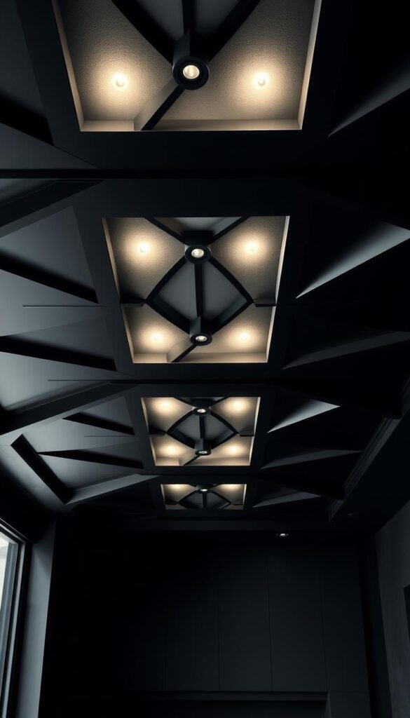 A dramatic, high-contrast black ceiling design that creates a striking focal point in a modern living room. The ceiling is adorned with intricate geometric patterns and angular, sculptural elements that cast dramatic shadows and highlights throughout the space. Precise, chiaroscuro lighting from recessed fixtures accentuates the bold, architectural forms, lending an air of moody sophistication. The ceiling design seamlessly integrates with the minimalist, monochromatic palette of the room, drawing the eye upward and commanding attention as the room's central design feature.